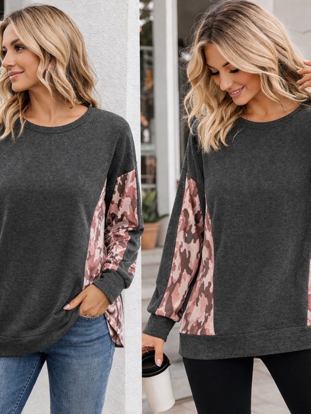 HEIMISH USA Dark Gray Sweatshirt with Pink Camo Sleeves